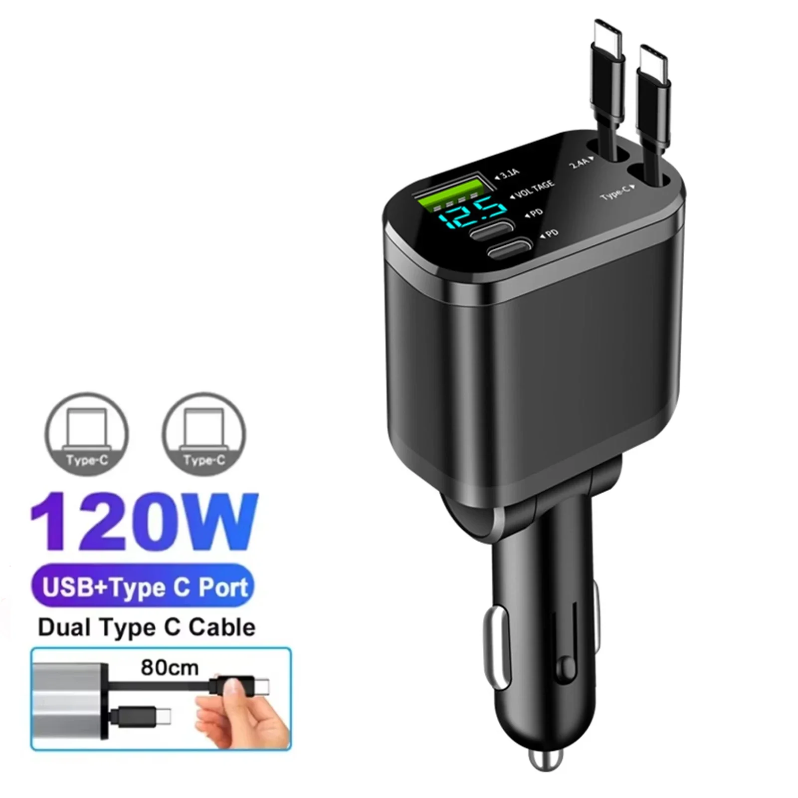 

Выдвижное автомобильное зарядное устройство 5-в-1, кабель USB C для IPhone Huawei Samsung, адаптер для быстрой зарядки прикуривателя PD QC3.0 12 В-24 В