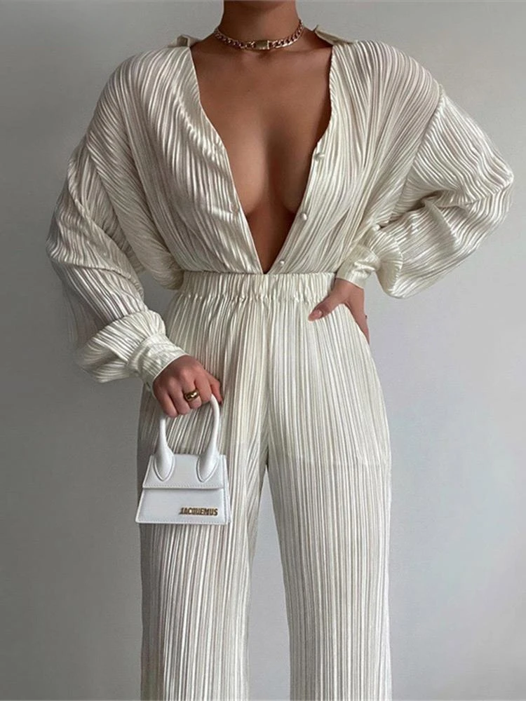 

Fashion Streetwear Pleated Shirt Suits Single-Breasted Women Cardigan Trend Loose Shirts High-Waist Wide-Leg Pants 2 Piece Sets