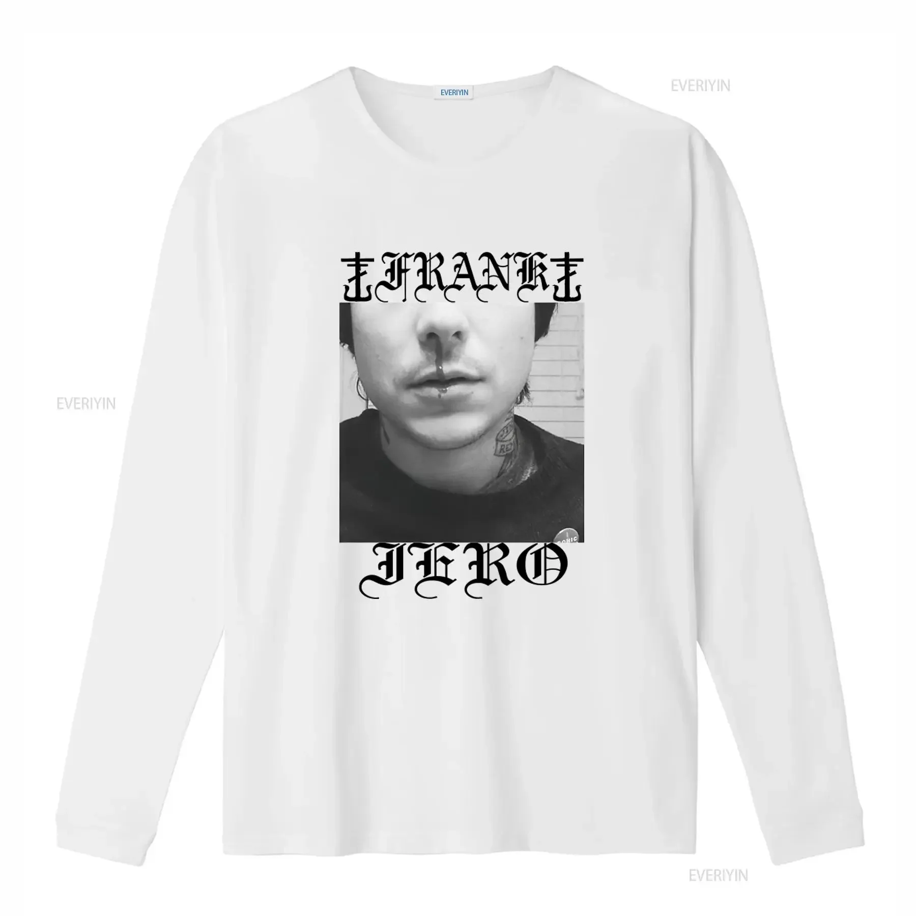Фото Мужская футболка Frank Iero And The Celebration Nose Bleed Slim Fit, белая, среднего размера, винтажная, с эффектом потертости, с графическим принтом, дышащая, комфортная. №2