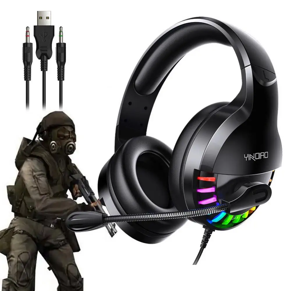 

Игровые наушники с разъемом 3,5 мм, проводные наушники USB, басовые стереонаушники с объемным звучанием и светодиодной подсветкой, игровая гар...