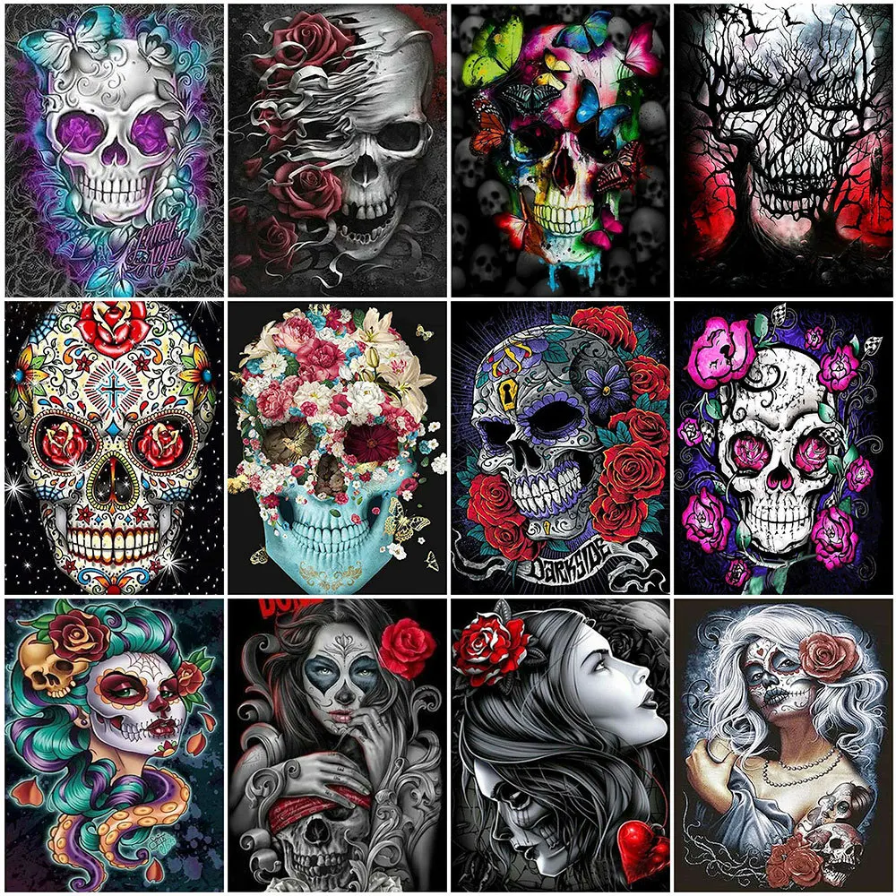 

5d Embroidery Diamond Skull Woman Portrait Wall Decoration Painting Butterfly Skeleton Mosaic Rose Cross Stitch Sale