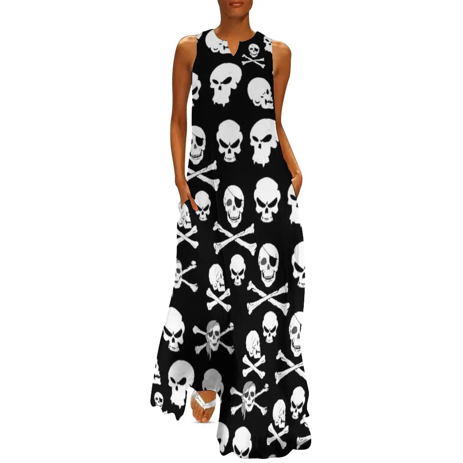 

White Skull Dress Summer Pirate Cross Bones Skulls Street Fashion Casual Long Dresses Women Print Party Maxi Dress Big Size 5XL
