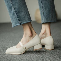 retro concise ladies mary jane shallow mouth classic leisure female pumps versatile medium thick low heel womens shoes