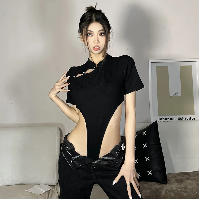 

#Sisjuly# improved new Chinese style small design retro pan Kou straight shoulder T-shirt women's versatile slim BODYSUIT