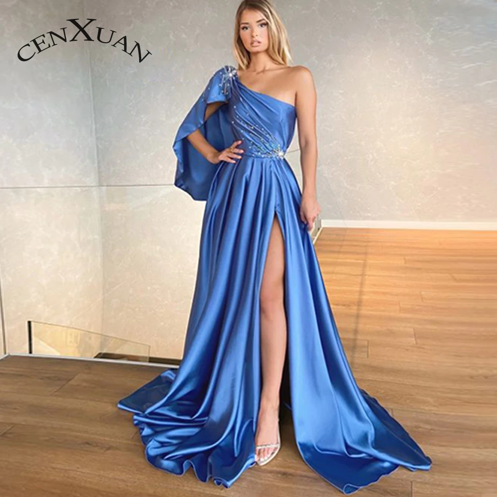 

CENXUAN Graceful Beadings One-Shoulder Satin Formal Evening Gowns Pleat Appliques Side Slit Backless A-line Vestido De Noite