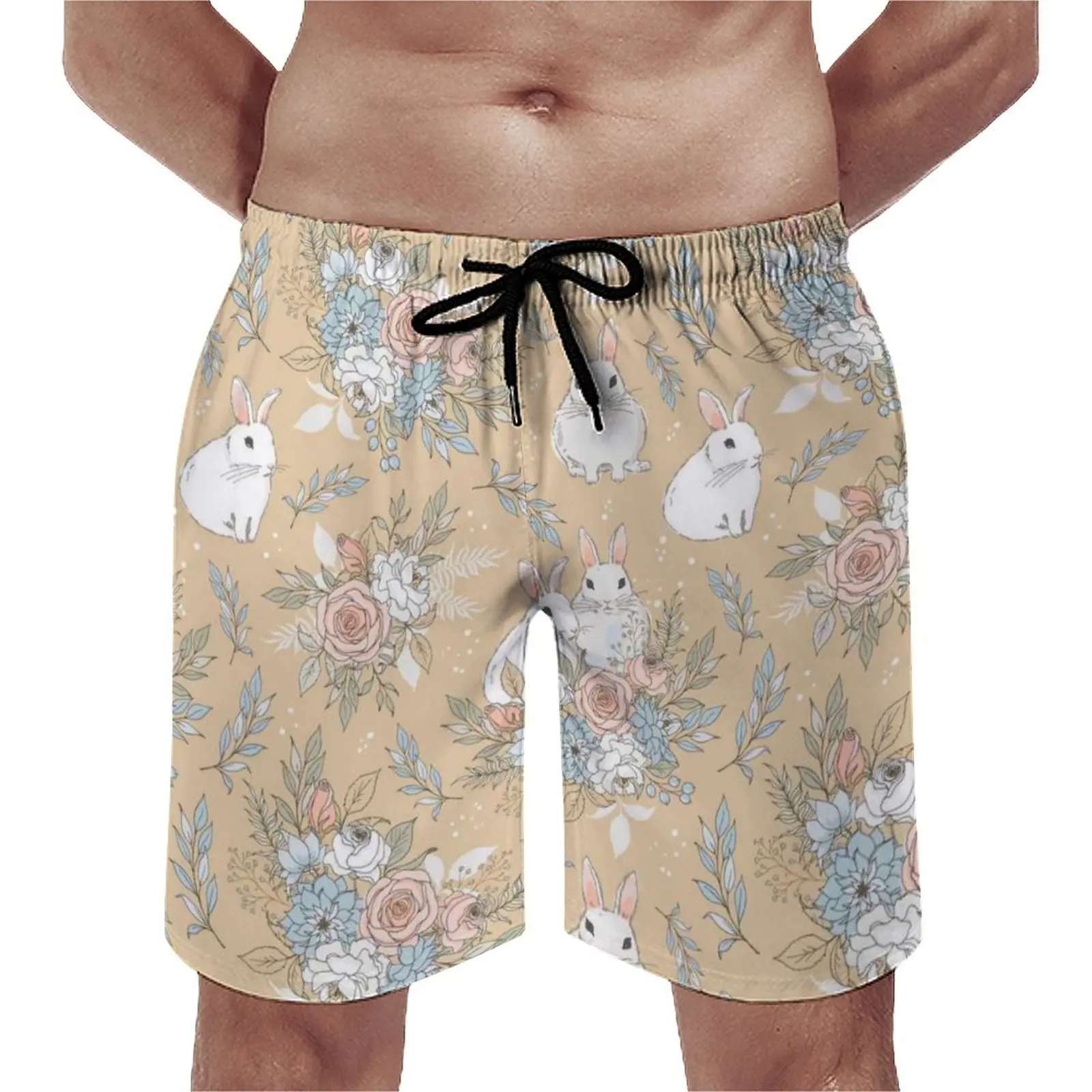 

Easter Floral Rabbit Board Shorts Retro Egg Swimming Trunks Polyester Men Beach Pattern Swim Trunks