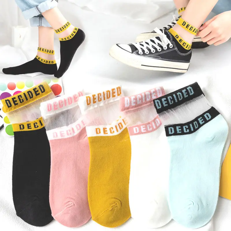 

2022 Middle Tube Women's Socks Cotton Bottom Spring and Summer Crystal Glass Hosiery Korean Sweet Letter Transparent Card Socks