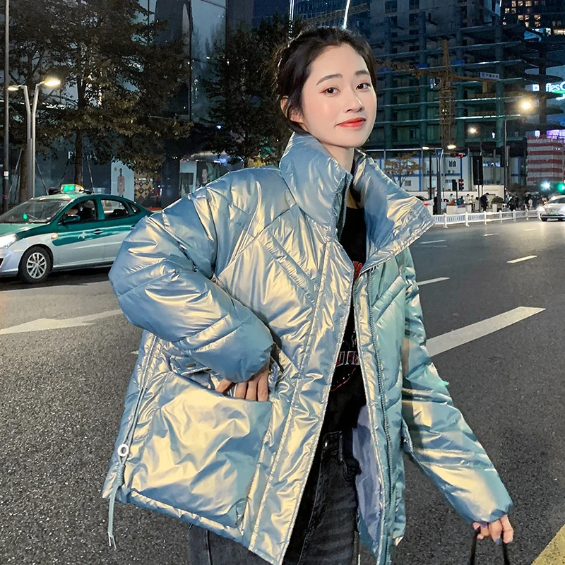 

Women's Stand Collar Bomber Jackets Parka 2021 Fashion Cotton Padded Coats Female Loose Shiny Quilted Jacket Winter Outerwear
