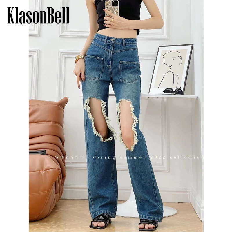 

6.21 KlasonBell Vintage Hole Frayed Cotton Washed Straight Jeans Women