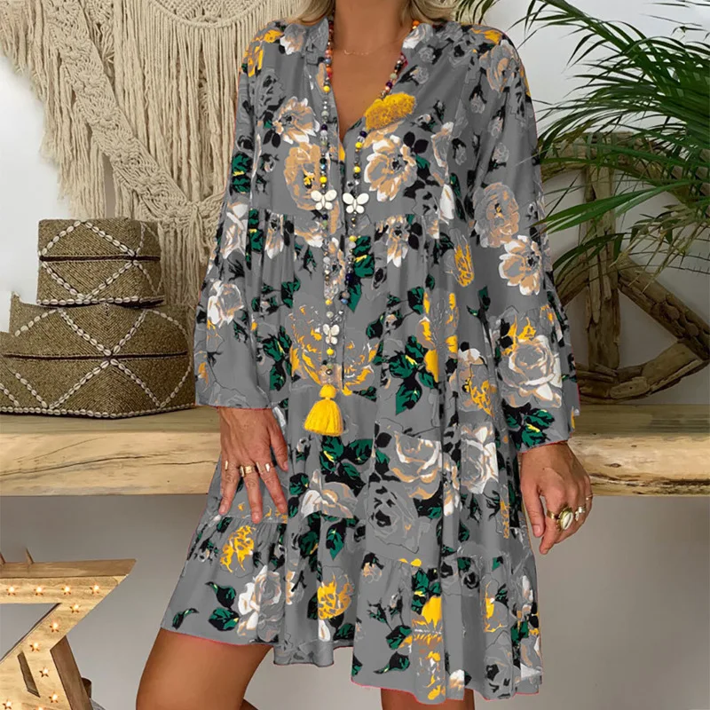 

Bohemian Women Print Dress 2023 Summer Chic Style Long Sleeve Floral Chiffon Beach Dress Tunic Loose Mini Party Dress Vestidos