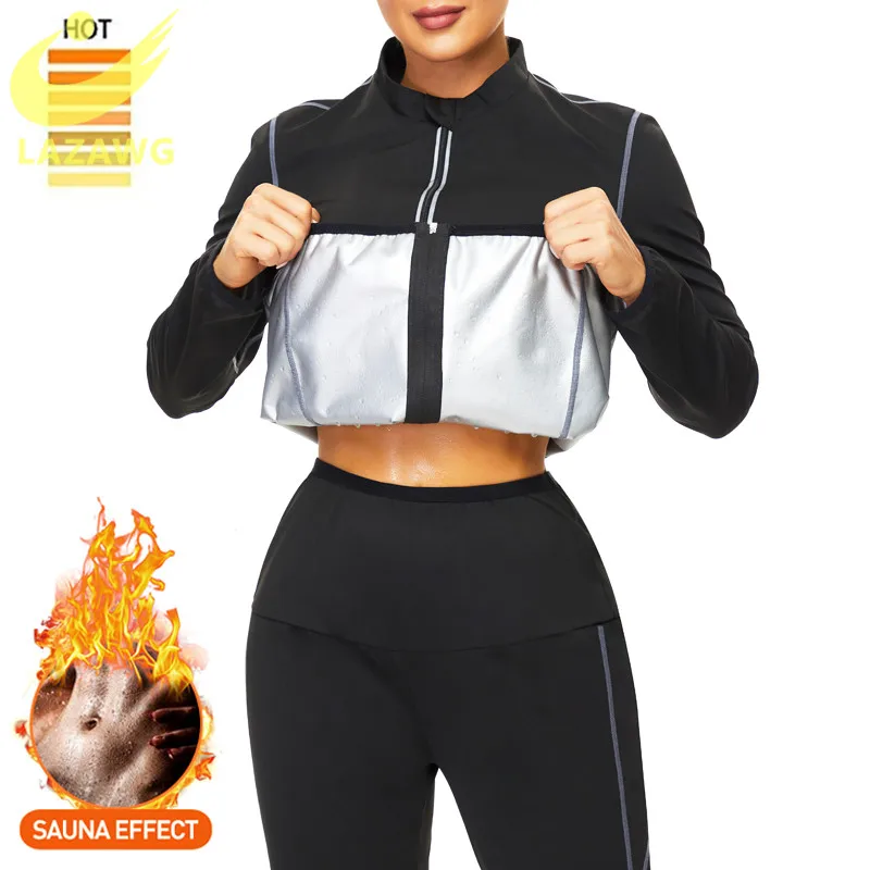 LAZAWG Women Weight Loss Sauna Suit Sweat Slimming Hot Thermal Long Sleeve Top Weight Loss Legging Shapewear Body Shaper Sets