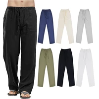 2022 new mens cotton linen large size 10 color pocket mens trousers casual home trousers long tube solid color trousers s 5xl