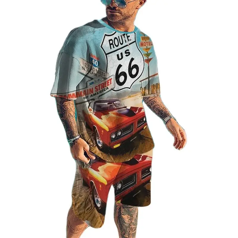 

Creative Route 66 3D Printed Men Short-sleeved Funny O-neck Striped Waves Teenager Running Set Xxs-6xl Carajuku Male Top Tees