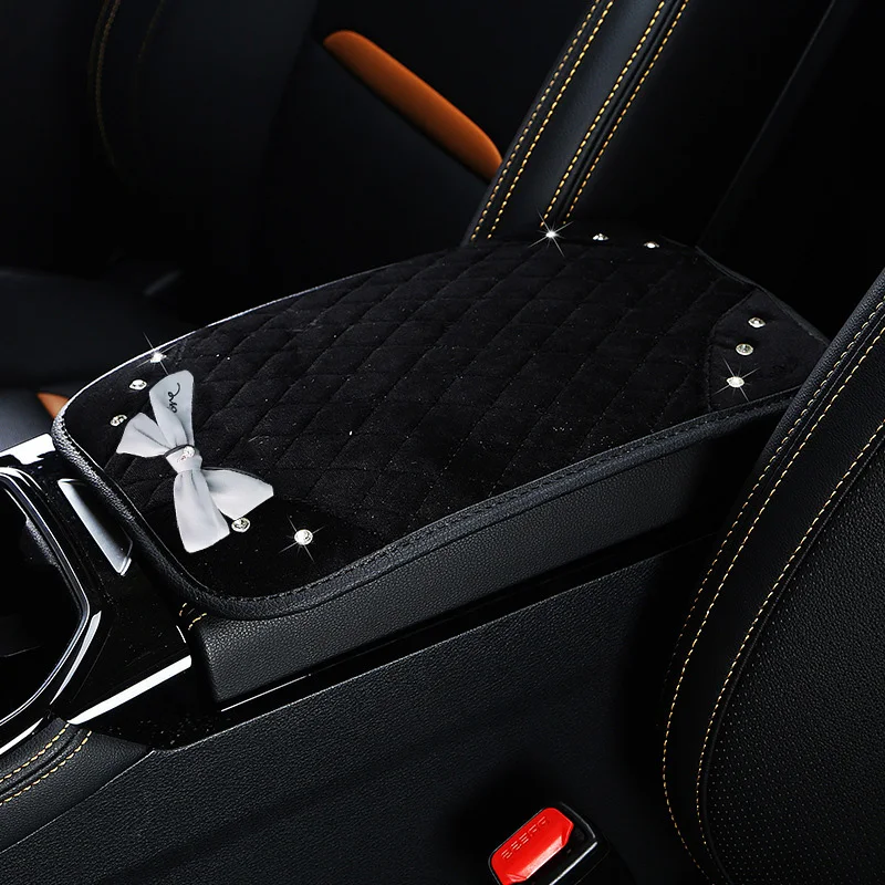 

Cute Bow Soft Plush Car Armrests Cover Pad Rhinestone Vehicle Center Console Arm Rest Box Cushion Protector Car Accessories