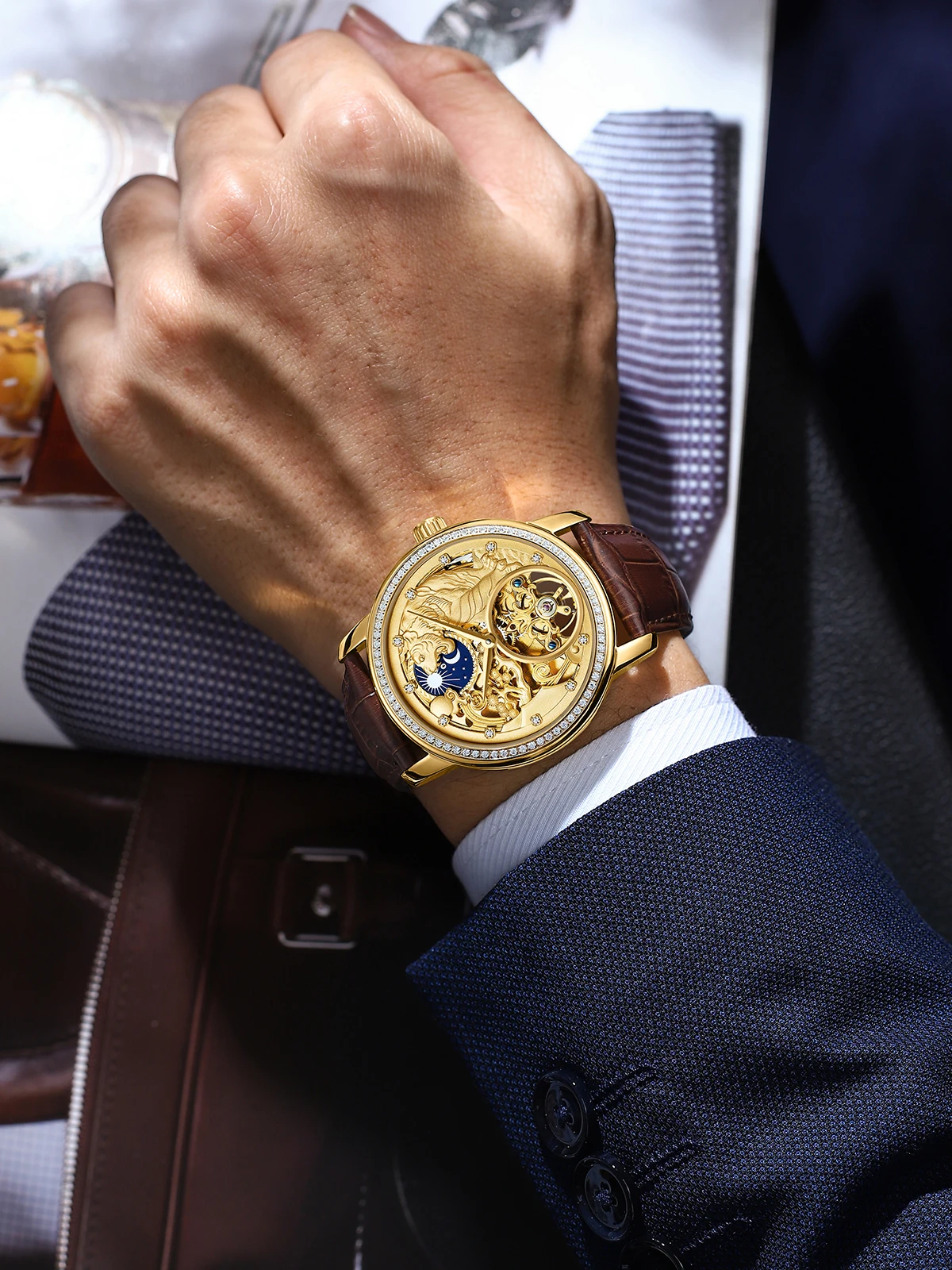 APNUONR Golden Tiger Watch Fashion Classic Diamond Men's Watch Mechanical Automatic Winding 2022 New Luxury Watch enlarge