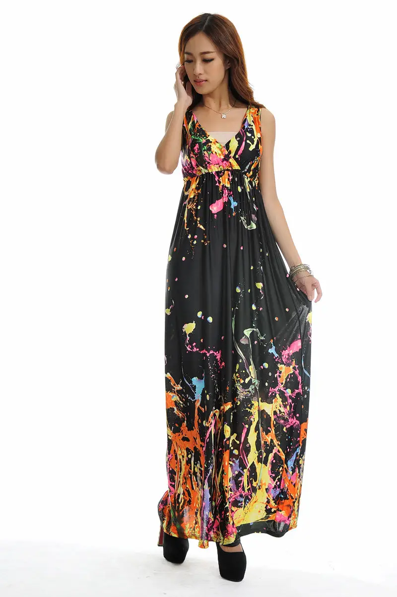 

Women's Summer Boho Beach Long Maxi Print Sleeveless Deep V-neck Dress Sundress