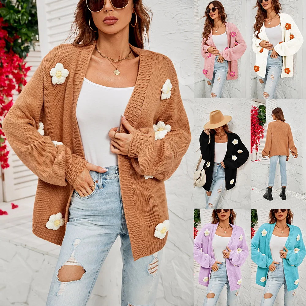 

Floral Women Cardigan Bishop Sleeve Knitwear Autumn Winter Sweater Flower Open Stitch Fashion Clothing Female Coats