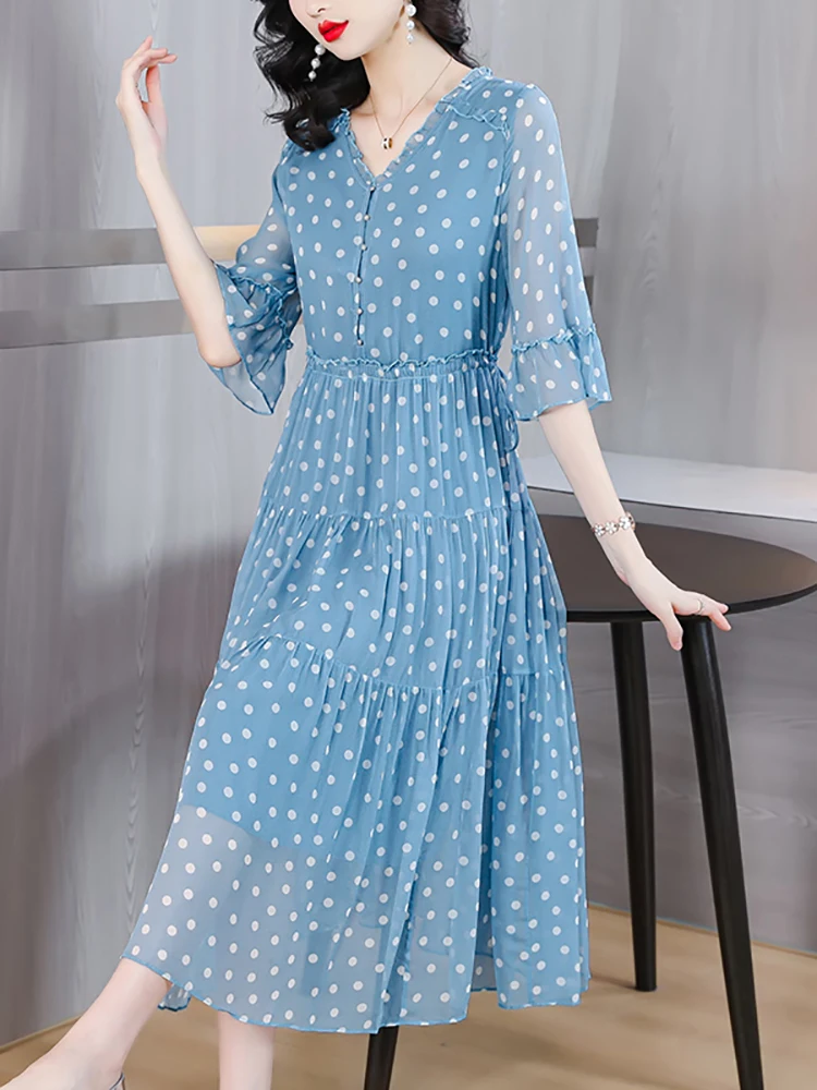 

Blue Elegant Ploka Dot Chic Flare Sleeve Ruffled Dress Women Fashion Bodycon Casual Home Dress 2023 Korean Chic Evening Vestidos