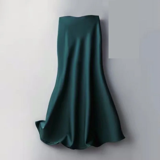 Spring Summer  Women Solid Quality Satin Midi Skirt Vintage Side Zipper Office Ladies Elegant Chic A-line Skirts Blackish Green