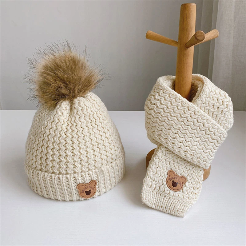 

2pcs Kids Knitted Hat Scarf Sets For Boy Girl Pompom Beanies Crochet Bonnet Winter Ear Protection Warm Double Layered Plush