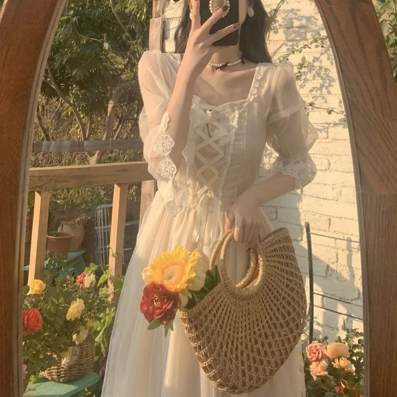 

White French Lace Sweet and Elegant Dress Women's Evening Dress Korean Style Kawaii Short Sleeve Dress Vestido