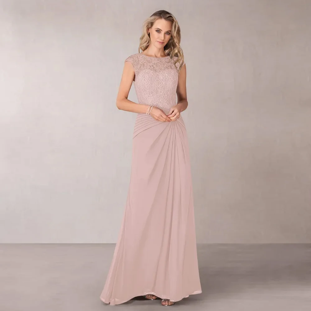 

Charming Pink Mother of the Bride Dresses Plus Size Jewel Neck Short Sleeves Wedding Party Gowns Chiffon Robe De Soirée Femme