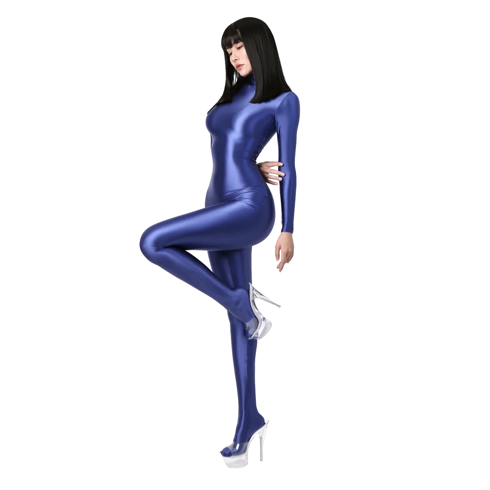 Shiny Satin Sexy Zentai Women Long Sleeve Bodysuit Full Length One-piece Tights Silky Catsuit Black Jumpsuit Clubwear Streetwear