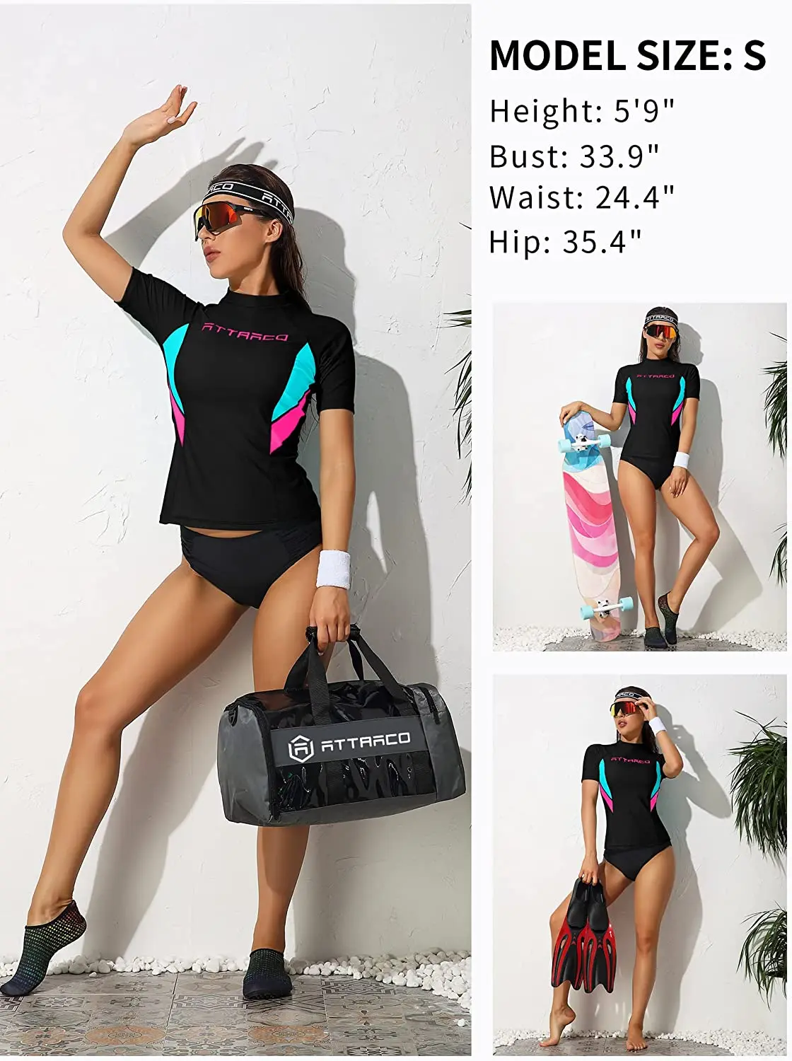 Attraco Women Rash Guard UPF 50+ Soft Short Sleeves Swimwear Hike Top Crew Neck Color Block Elastic Surfing Shirt
