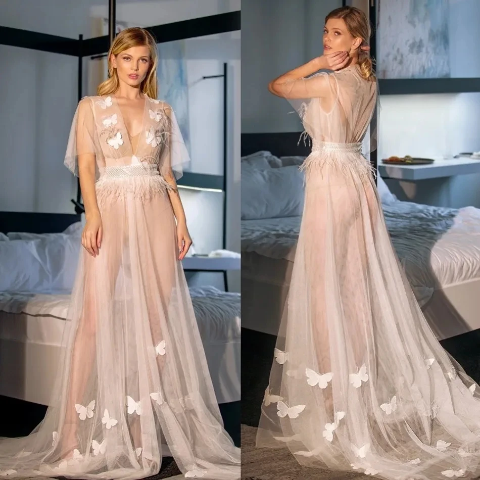 

Appliqued Feather Bridal Wedding Robes V-neck Short Sleeves Sheer Floor Length Sleepwear Tulle Illusion Custom Made Night Gowns