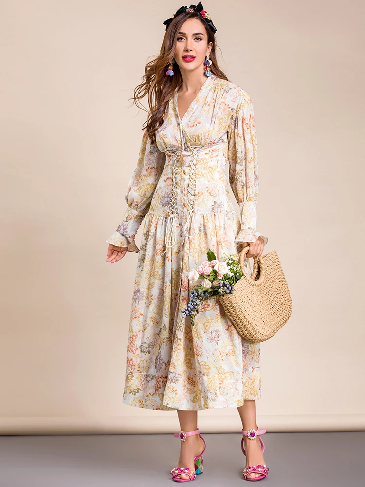 

LD LINDA DELLA Fashion Runway Summer Midi Dress Women's V-neck Flare Sleeve Criss Cross Bandage Floral print Vintage Party Dress