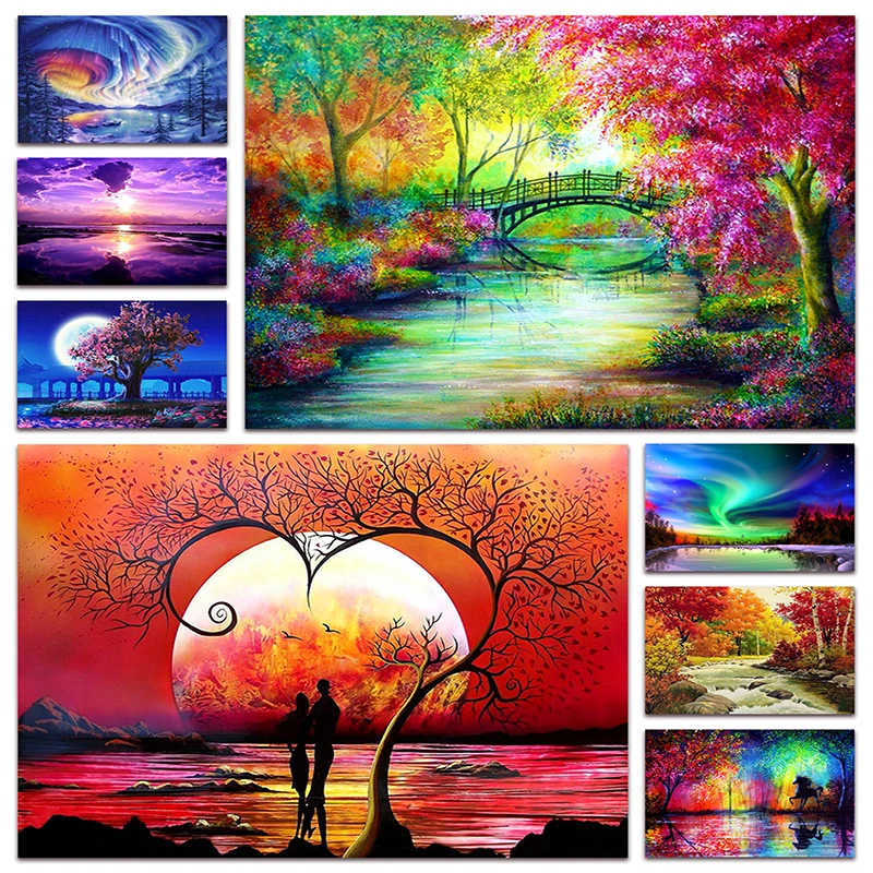

New 5D Full Diamond painting embroidery Landscape sunset DIY Diamond mosaic cross stitch River tree picture Home decor E055