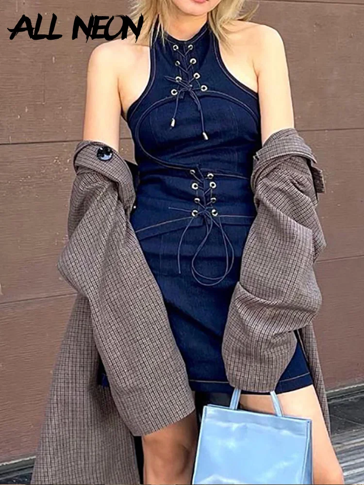 

ALLNeon 2000s Fashion Sexy Backless Lace Up Denim Dresses Y2K Aesthetics Cute Halter Hollow Out Bodycon Mini Dress Clubwear Blue