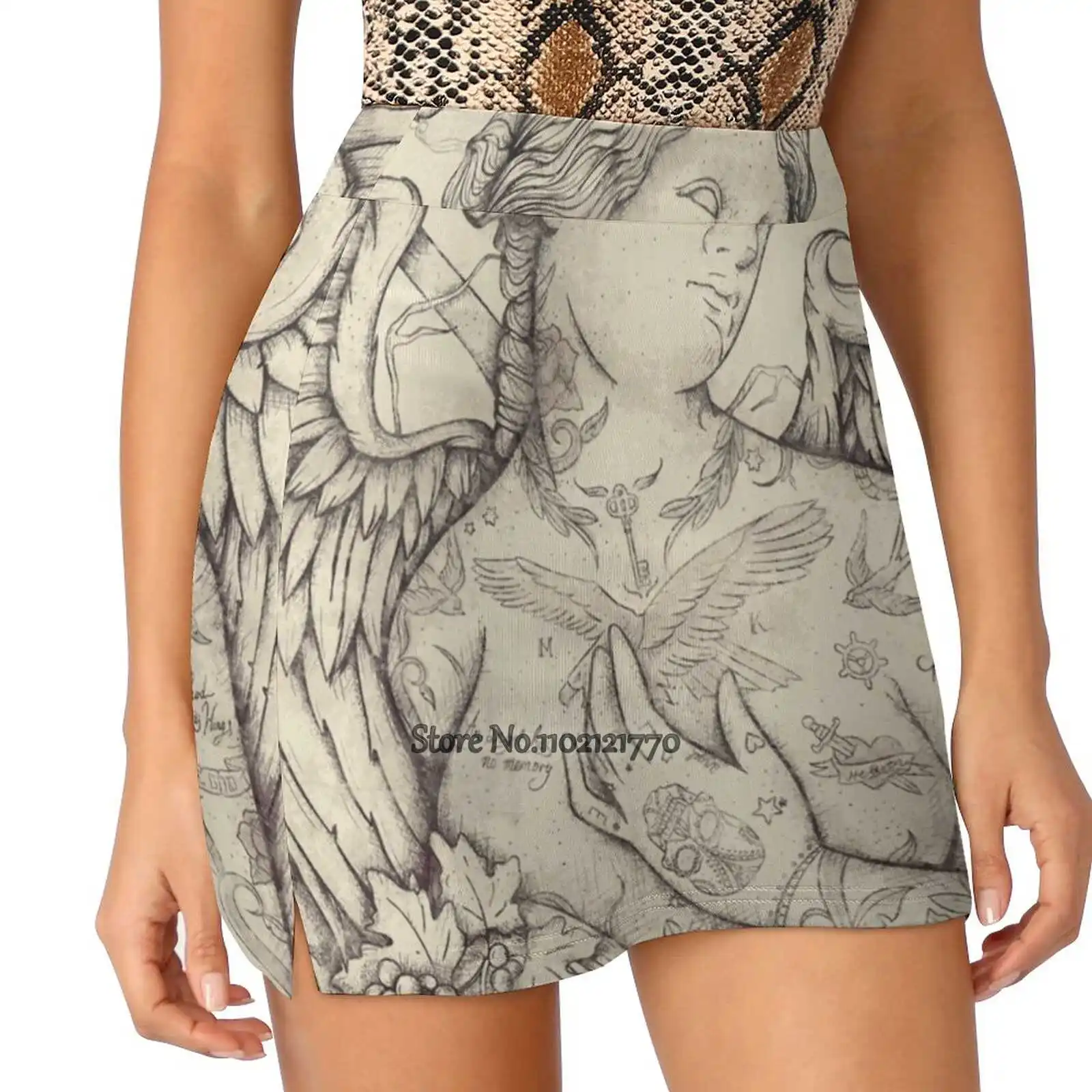 

Lost In Heaven Trending Fashion Skirt Summer Printed Women Sport Skirts Double-Layer Athletic Angel Tattoo Retro Vintage Old