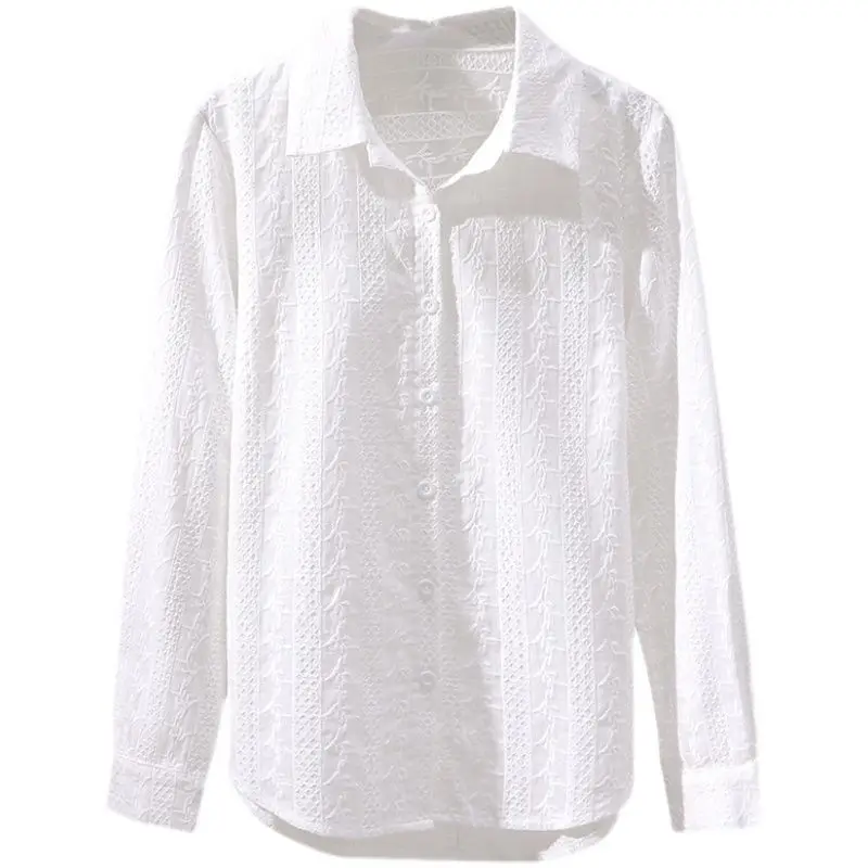 

2023 New Spring Fashion Versatile Solid Color Polo Neck Slim Top Temperament Commuter Embroidery Pure Cotton Women's Shirt