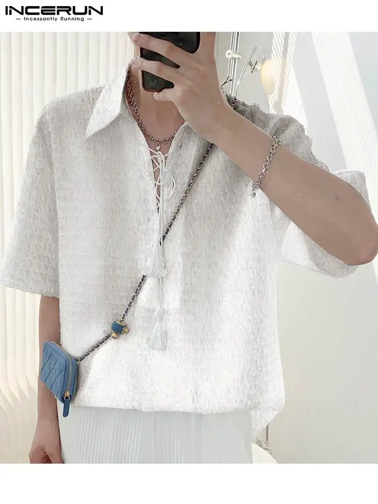 

Handsome Well Fitting New Men Tops Loose Comfortable Blouse INCERUN Male White Bubble Check Short Sleeve Lapel Shirts S-5XL 2022