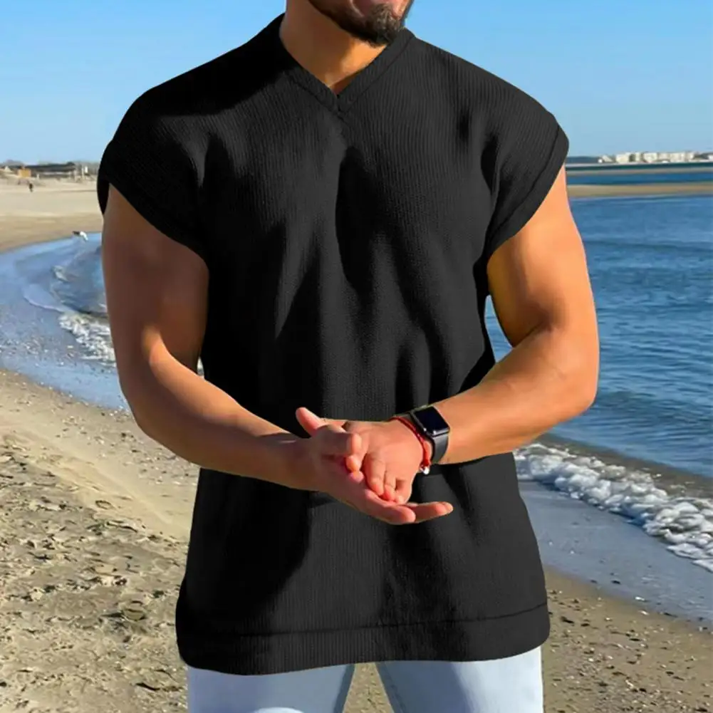 

Summer Men Top V-neck Short Sleeve Solid Color Washable Anti-pilling Male Pullover T-shirt Daily Clothing