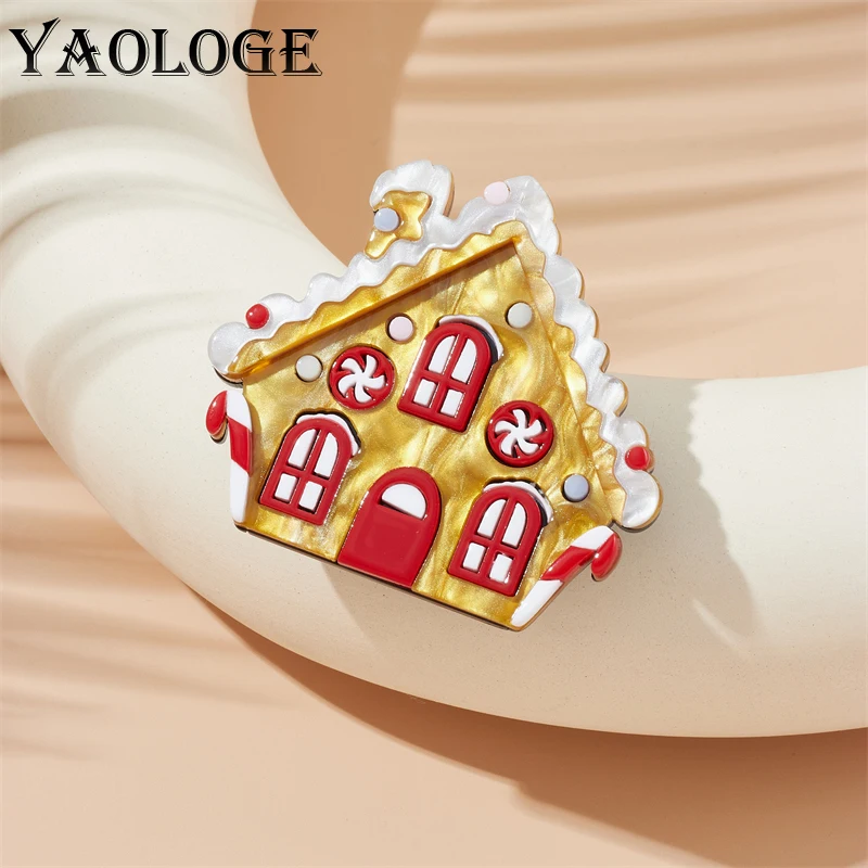 

YAOLOGE Acrylic Christmas House Santa Brooch Pins For Women Girl Cute Snow Chalet Fashion New Year Jewelry Accessory Party Gifts