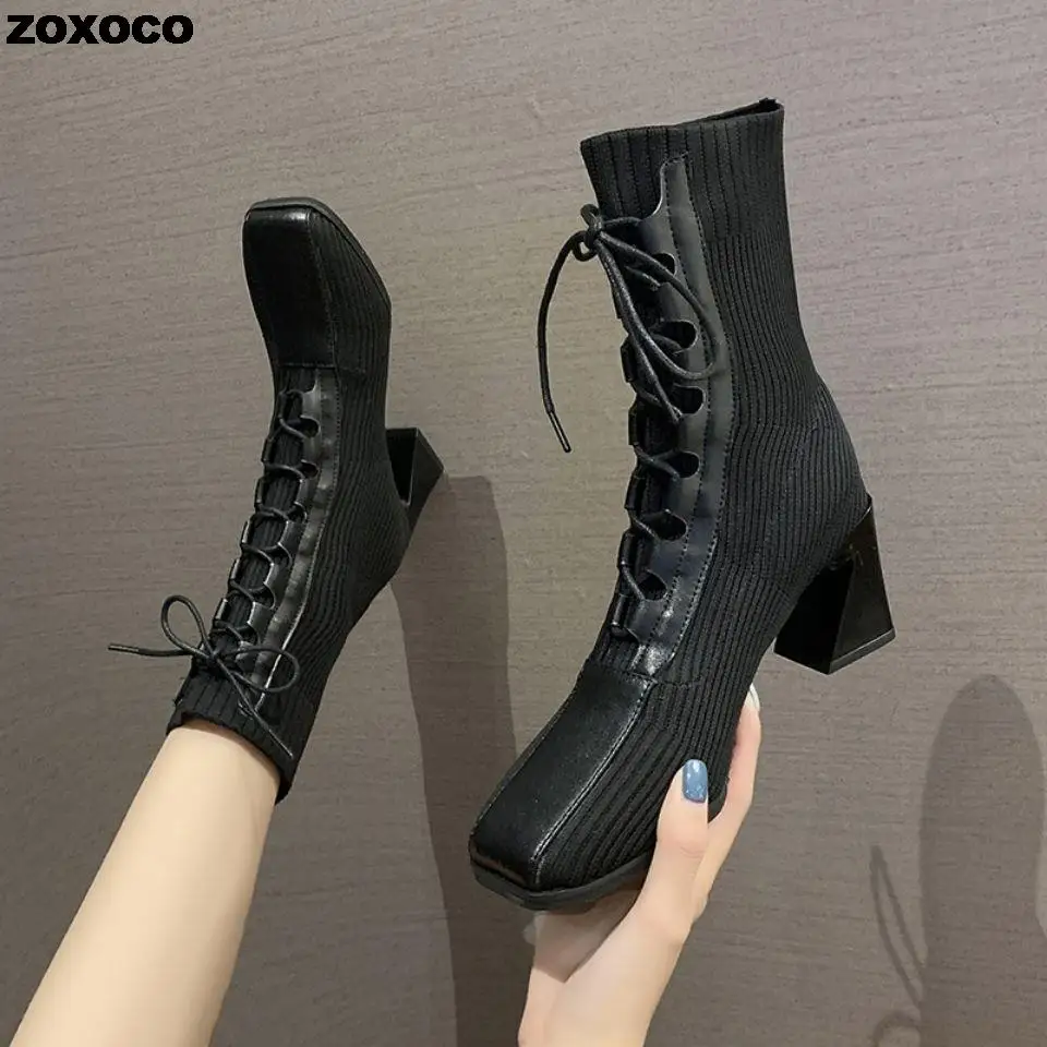 ZOXOCO 2022 Autumn Winter New Fashion Stitching Knitted Elastic Stockings Boots High-heeled Short Boots Women's Square Toe 39