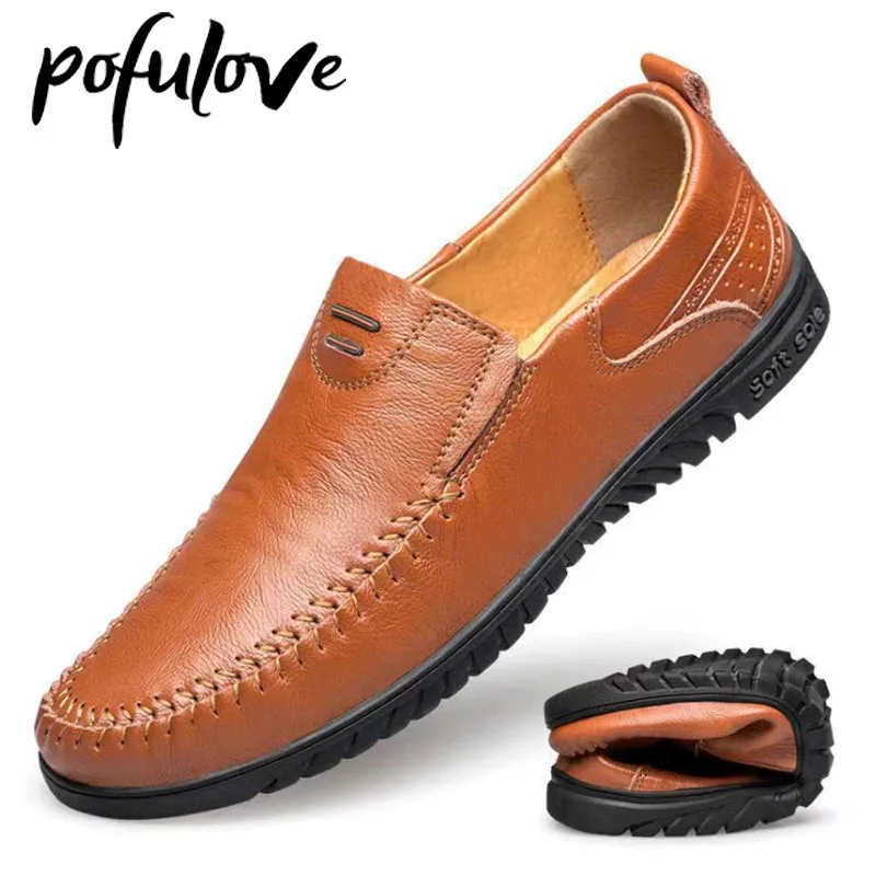 

Pofulove Men's Leather Shoes Baotou PU Material Brown Soft Bottom Comfortable Breathable Driving Shoes