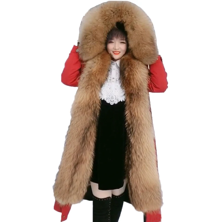 

CNEGOVIK Long Hooded Parka Women Jacket Luxury Natural Raccoon Fur Collar Muskrats Fur Lining Coat Detachable High Quality