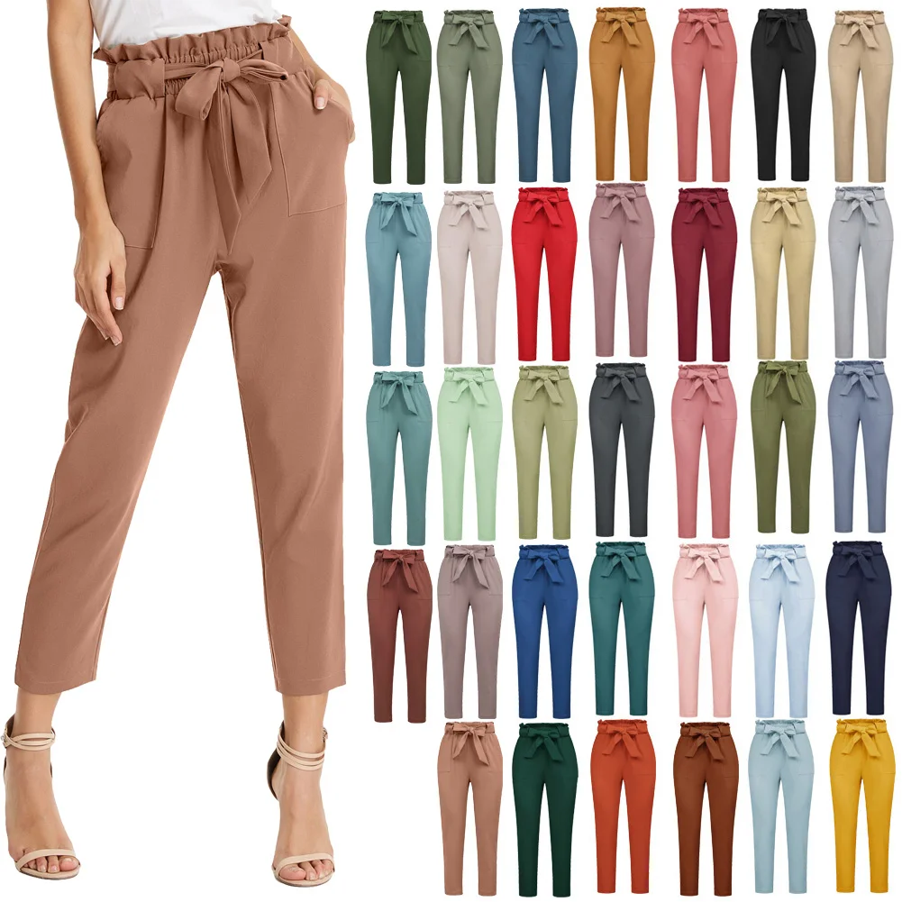 

Women's Casual Slim Fit Elastic Waist Cropped Pants Trousers Straight Candy Solid Colors Harem Soft Trousers