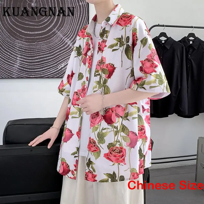 

KUANGNAN Printed Half Sleeve Hawaiian Shirt Men's Social Blouse Korean Style Clothes Luxury Clothing Tops Sale 5XL 2023 Summer