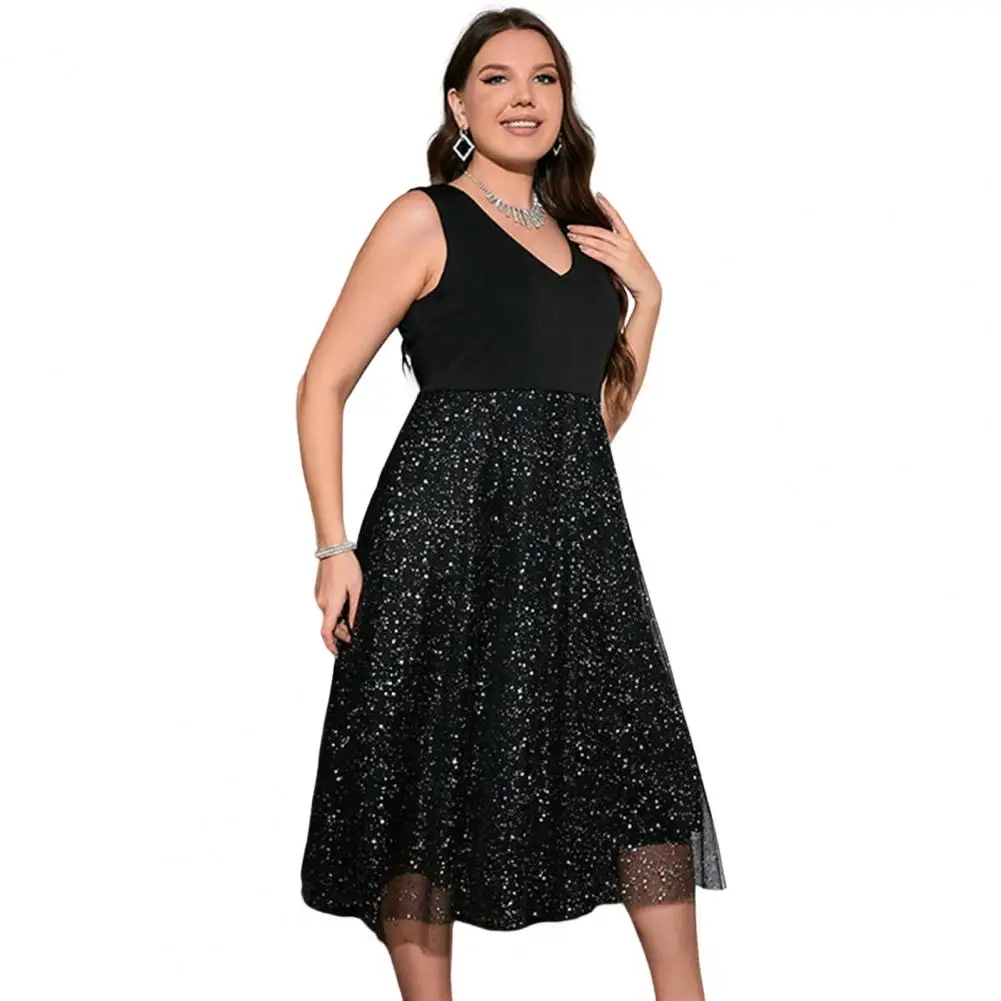 

Women Dress Sleeveless Vest Dress Sequin Flowy Yarn Hem Evening Party