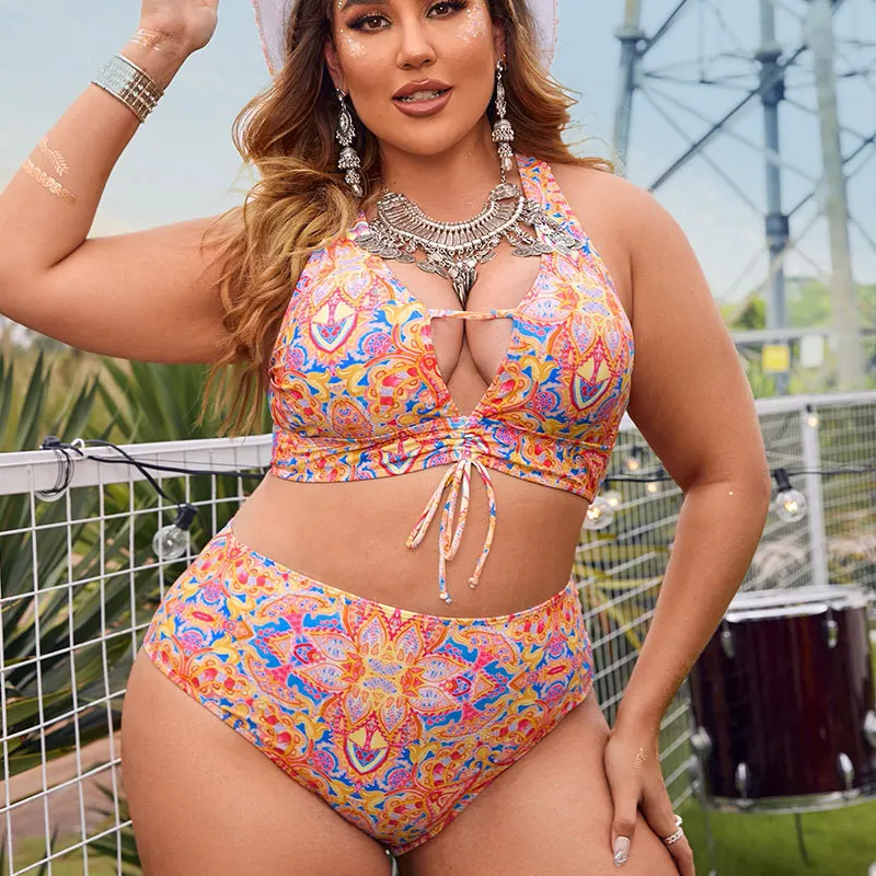 

Купальник-бикини с завышенной талией, пикантный комплект бикини на шнуровке, купальники с винтажным цветочным принтом, пляжная одежда, боль...