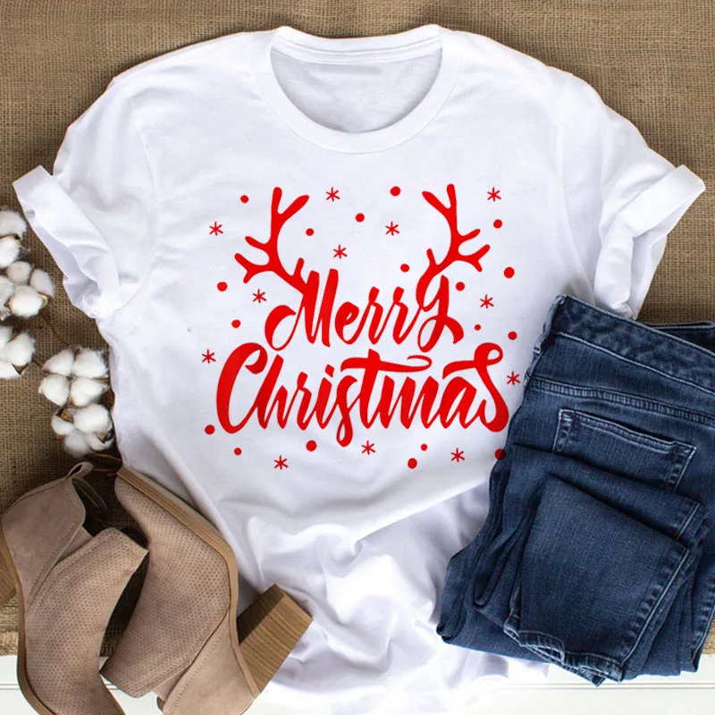 

Merry Christmas Antlers Women's Fashion Tops Casual Women's O-Neck Women's White Tops T-shirts Girls T-shirts