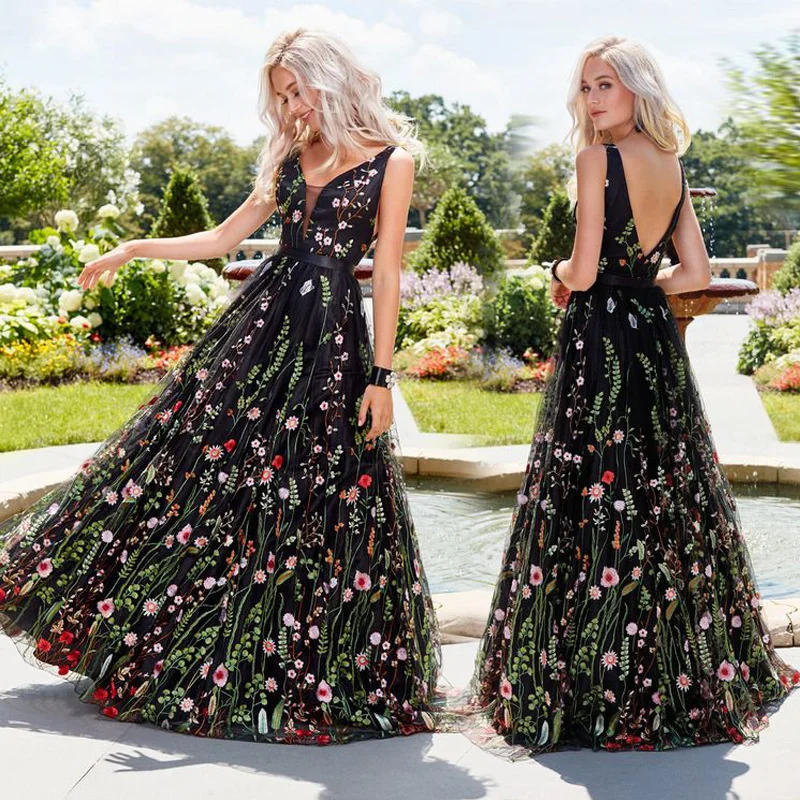 

new casual elegant dress,Sexy Deep V Sleeveless Embroidered Dress Slim Backless Swing Prom Dress Long Dress2023