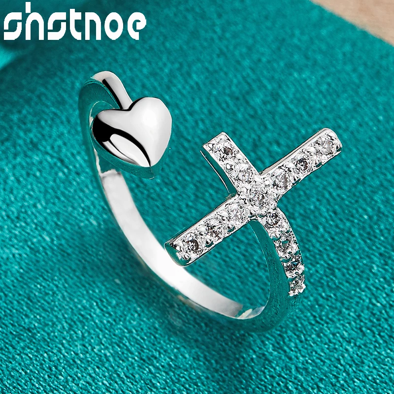 

SHSTONE Adjustable 925 Sterling Silver Inlay AAA Zircon Cross Heart Ring For Women Charm Jewelry Bridal Wedding Engagement Bands