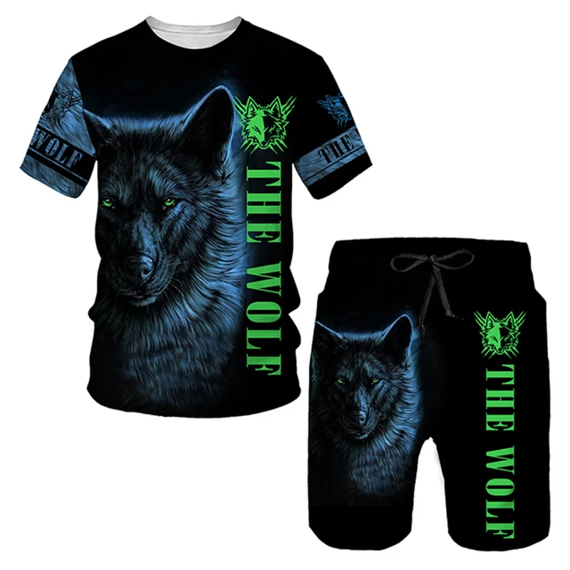 Fashion Men's 2-piece Wolf  Printed Beast T-shirt Shorts Set Clothing Summer Men's Casual Sportswear Set Men's Clothing