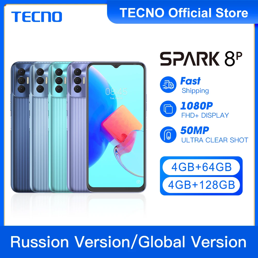 

NEW Original Tecno Spark 8P 4 + 64 GB/4+128GB Smartphone Helio G70 Battery 5000mAh RU 6.6 FHD Cell phone 50MP NFC Global Version