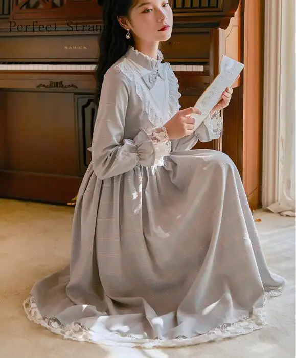 

Осень-зима 2020, женское длинное платье в стиле ретро с воротником-стойкой и бантом, украшенное кружевом в клетку